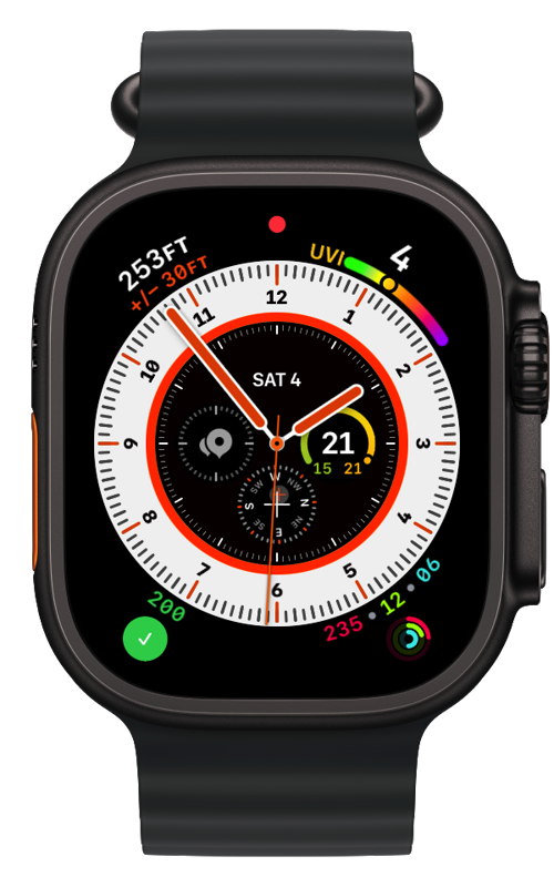 The same watch face after firing: the complication shows a green checkmark with a curved 200 status label