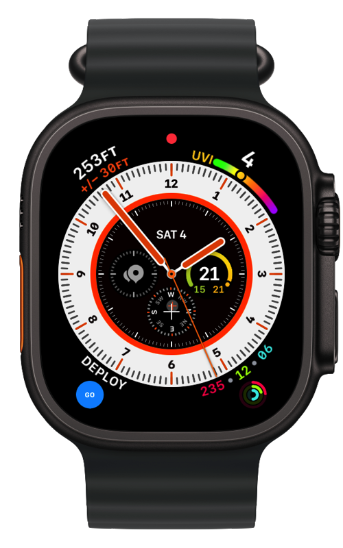 wrist/off complication on an Apple Watch Ultra face: a blue GO button with a curved DEPLOY label