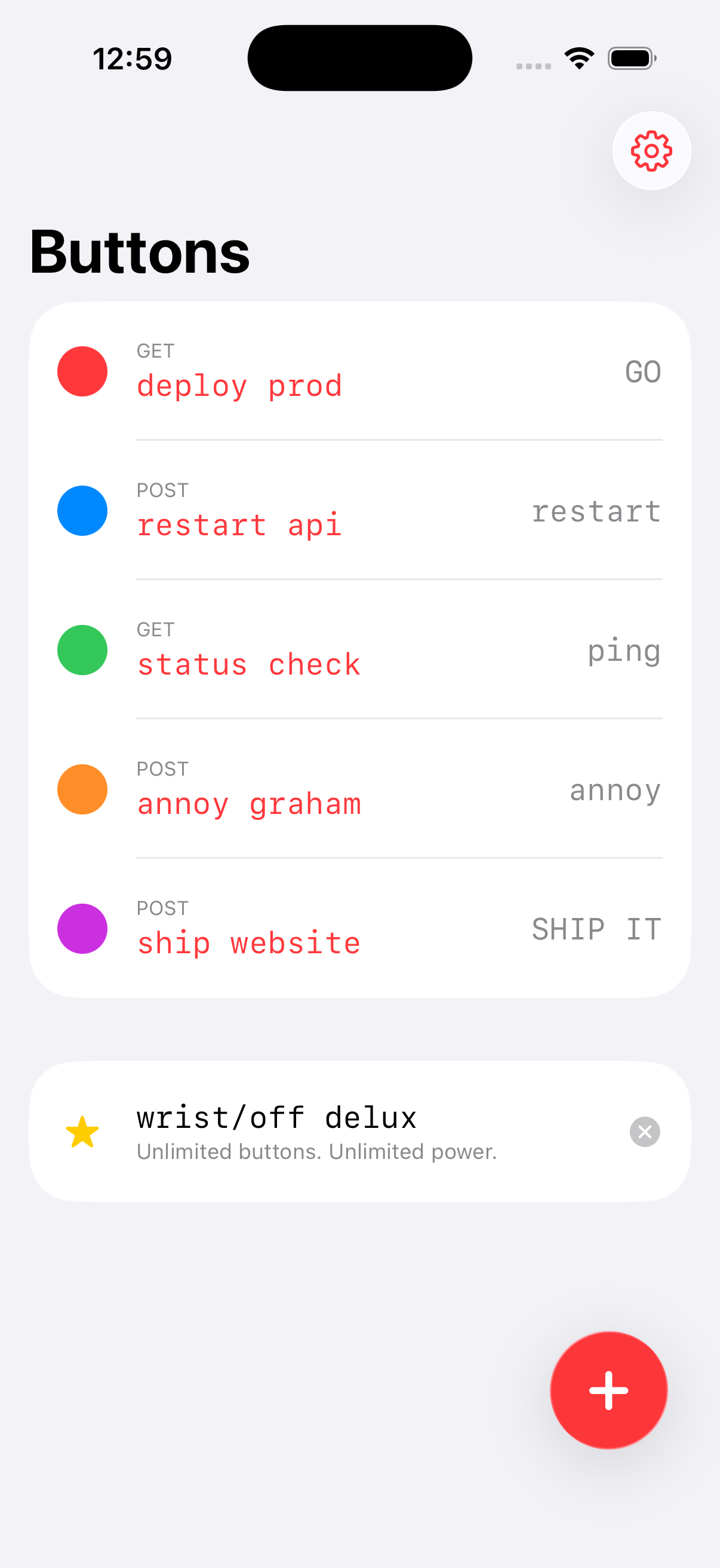 wrist/off on iPhone showing a list of colourful HTTP buttons and the delux upgrade banner